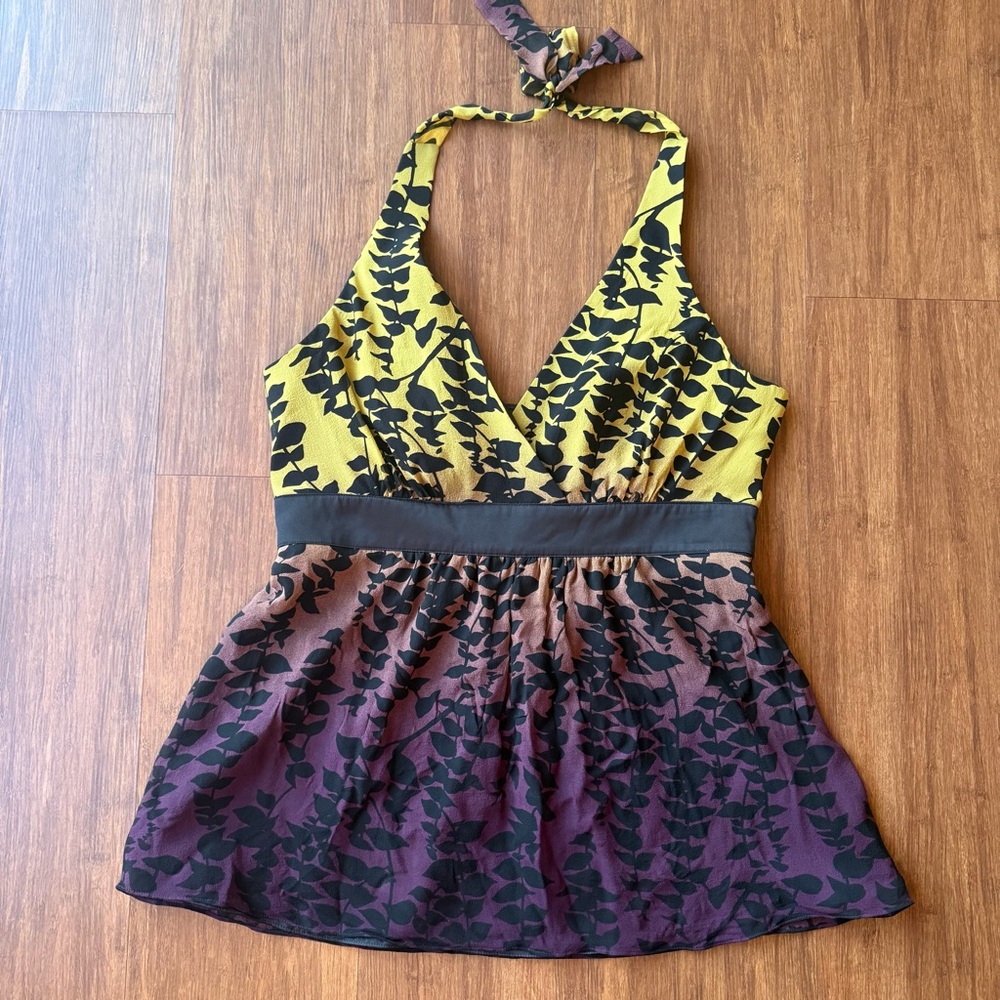Express Y2K Babydoll Top Silk Purple Yellow Halter Tank Women 12 Fairy Leaf Dark